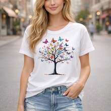 Women's Casual Cotton T-Shirt, Short Sleeve And Round Neck, With Colorful Tree And Butterfly Print, Loose Fit And Basic For Everyday Wear, Comfortable, Soft And Breathable Fabric, Graphic T-Shirt For Summer Fashion. - 白色 - 查看 9