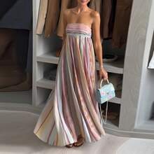 Strapless Pleated Color-Block Evening Gown, Women's Flowy A-Line Floor-Length Formal Dress, Elegant Gala & Prom Dress - Color - View 7