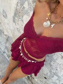 Women Lace Skirt Set Fairycore See Through Off Shoulder Long Sleeve Crop Tops and Mini Skirt Suit 2 Piece Outfits Streetwear - Rojo violeta - Ver 4