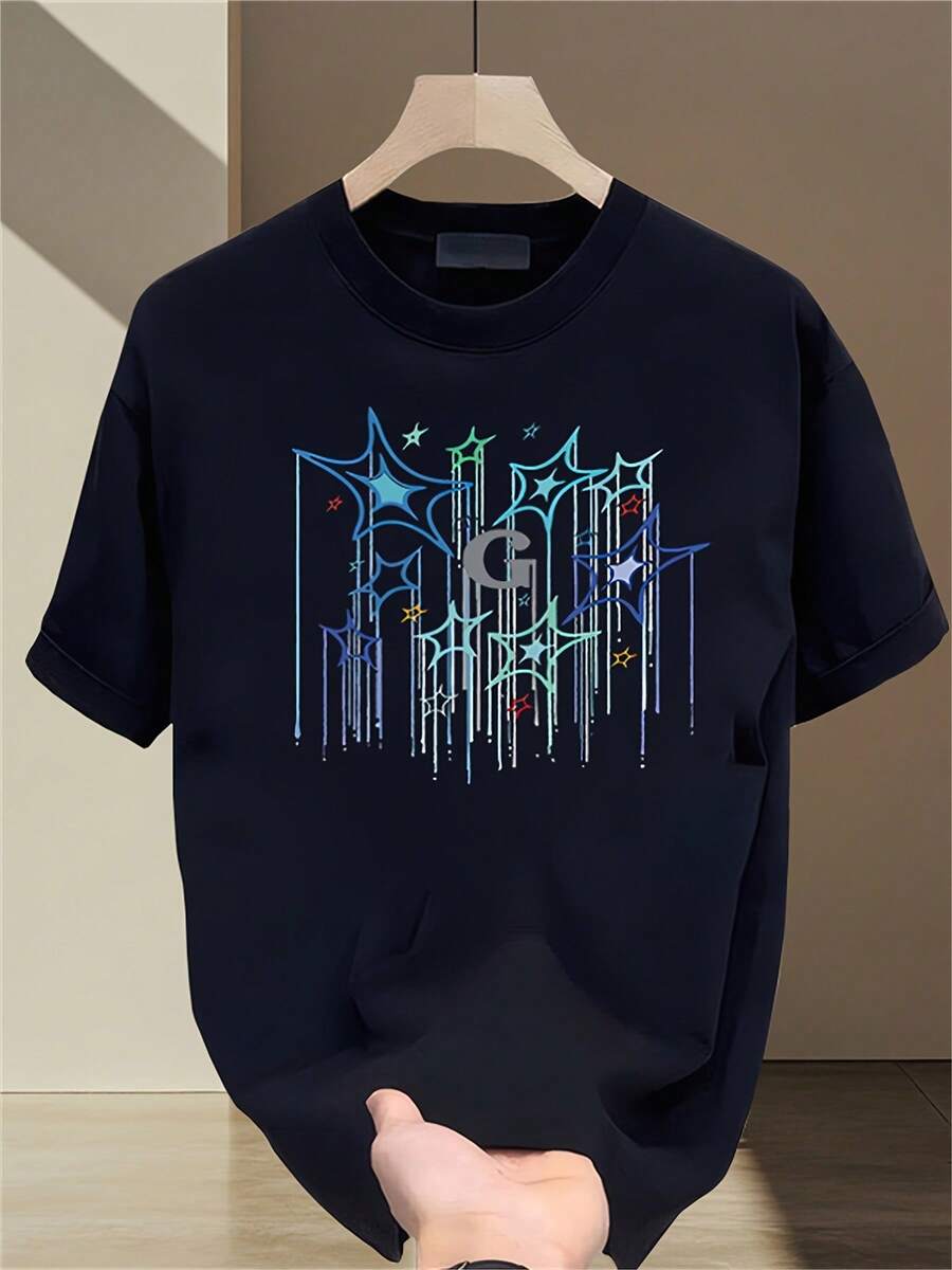 Camiseta de manga corta estampada de marca de moda para hombre, top versátil de algodón puro de estilo coreano y japonés para verano - Camiseta unisex de algodón holgada de manga corta y cuello redondo estilo vintage urbano, blusas para mujer. blusas.blusas casuales para dama. - Negro - Ver 1