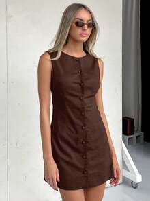 Vestido tipo tirante de algodón puro 2026, corte A ajustado, estilo elegante y sofisticado. - Café - Ver 4