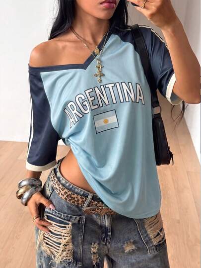 Women's Retro Color Block V-Neck Loose Knit Sweater, Blue & Black Color Block Raglan Sleeve Sporty T-Shirt Vacation Casual