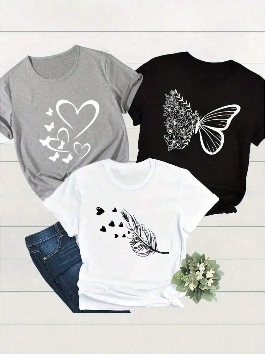 Nueva camiseta de mujer 2026, no es un conjunto de 3 piezas, presenta estampados creativos de mariposas y corazones de dibujos animados, es una prenda de una sola pieza, informal, de manga corta y cuello redondo, adecuada para conjuntos de varias piezas de primavera y verano. - Negro - Ver 1