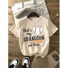 Women's Casual Baseball T-Shirt - Funny With The Phrase "That's My Grandson Out There!" Slogan And Heart Print, Vibrant Red Short-Sleeve Crew Neck Summer T-Shirt For Grandma, Soft And Breathable Fabric, Spring, Summer And Autumn Wear For Baseball Games And Family Events, Loose-Fitting Short-Sleeve T-Shirt With Washed Effect, Urban Style, Unisex, For Spring/Summer/Autumn, Valentine's Day Outfit, Summer Fashion. - 杏色 - 查看 1