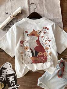 Limited Edition, Women's Summer Casual T-Shirt With Reversible Print, Forest Style, Fox And Flower Print, Round Neck, Short Sleeve, Lightweight Cotton. - 白色 - 查看 12