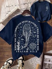 Camiseta con Gráfico de Tiburón Ballena Cristiano, Camiseta con Versículo Bíblico, Fe Oceánica, Camiseta Casual de Manga Corta con Cuello Redondo para Mujer, Atuendo de Playa para Vacaciones de Verano - Azul Marino - Ver 6