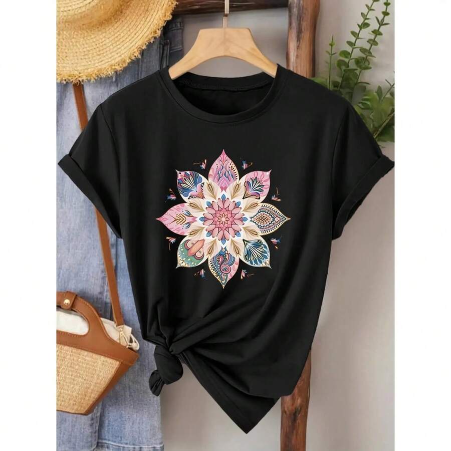 Elegante Camiseta de Manga Corta para Mujer con Patrón de Mandala, Adecuada para Primavera, Verano y Otoño. Una Prenda Estilosa y Versátil para el Trabajo, Vacaciones y Uso Diario, Disponible en Tallas S- - Negro - Ver 1