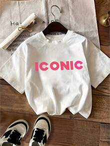 -Letter Print Shirt, Casual Short-Sleeved, Round-Neck Top For Summer And Spring, Women's Clothing, Men's Summer Outfit. - White - View 3