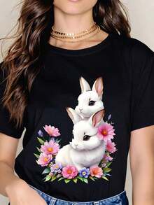 Camiseta de manga corta para mujer, camiseta con estampado floral de conejo blanco, diseño de animales lindos, top casual de manga corta, camisa de moda para primavera y verano. - Negro - Ver 6