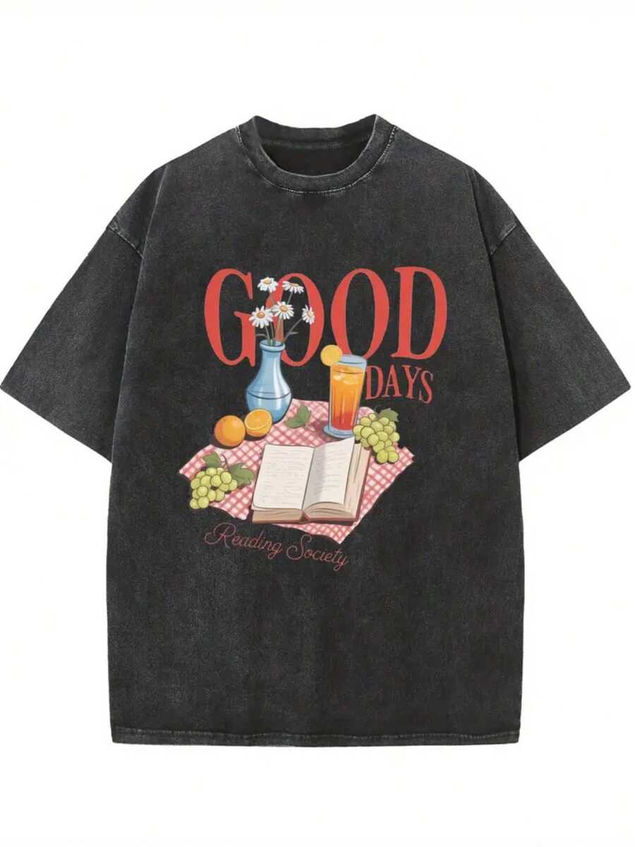 1 Piece Of Women's T-Shirt With Creative Urban Retro Print, High Quality Women's T-Shirt With Washed Effect, Vintage Top With Worn Look, Round Neck, Loose Fit, Plus Size, Short Sleeve, Soft, Comfortable And Breathable, Modern And Fashionable Women's Clothing, 180g 100% Cotton. - 黑色 - 查看 1