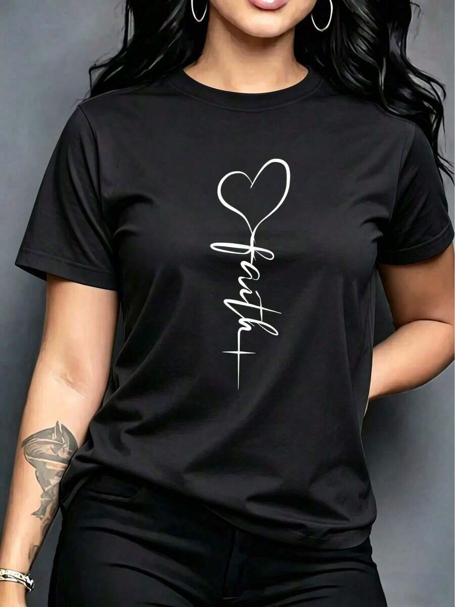 Camiseta de manga corta y cuello redondo para mujer con estampado de globos en forma de corazón. - Negro - Ver 1