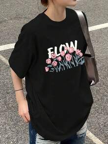 Y2K FLOW Women's Floral Print Short Sleeve T-Shirt, New Summer Fashion, Versatile, Loose Fit, Round Neck, Y2K Top. - 黑色 - 查看 1