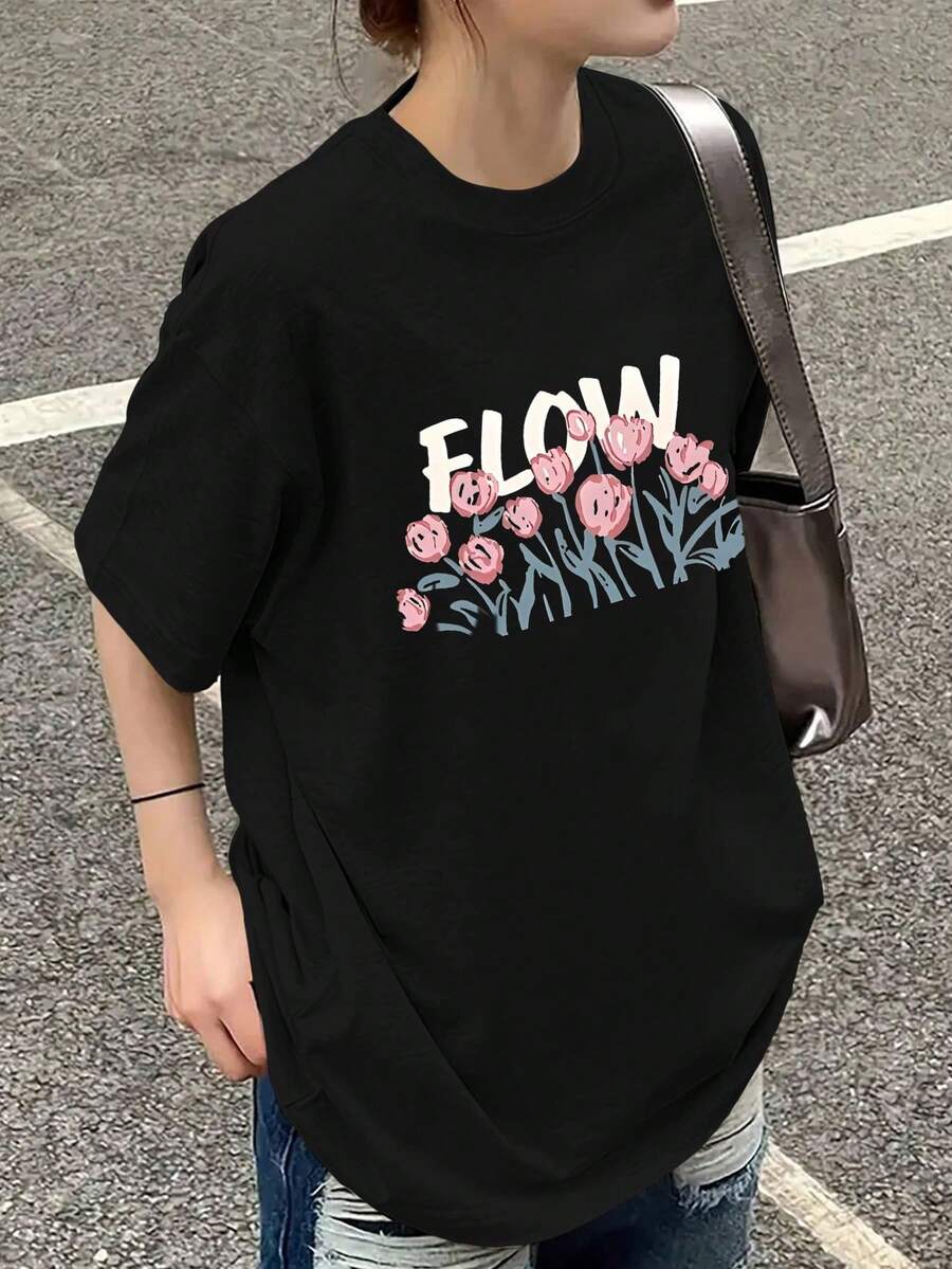 Y2K FLOW Women's Floral Print Short Sleeve T-Shirt, New Summer Fashion, Versatile, Loose Fit, Round Neck, Y2K Top. - 黑色 - 查看 1