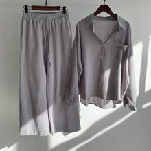 Women's Button-Down Shirt And Wide Leg Pants Two-Piece Loungewear Set, Oversized Top With Chest Pocket, Elastic Waist Pants, Relaxed Fit Silhouette, Casual Minimalist Style, Perfect For Loungewear, Errands, Brunch And Relaxed Outings - Xám - Xem 2