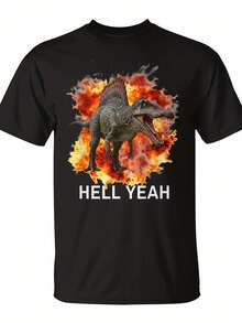 Novitaregali Great Gift For Men:-Spinosaurus Flame Dinosaur Graphic T-Shirt - Casual Black Short Sleeve T-Shirt With Bold YEAH Text, Regular Fit, Round Neck, Suitable For All Seasons, Loose And Comfortable - 圖片如何 - 查看 6