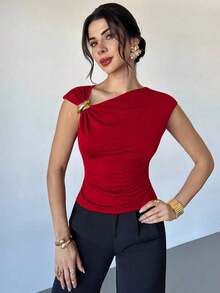 Camiseta asimétrica de hombro con decoración metálica, elegante y casual, adecuada para salir, fiestas y otras ocasiones/Otoño para mujeres/Disfraz de Halloween para mujeres/Camiseta roja de Navidad/Parte superior de de Año Nuevo/Elegante parte superior para mujeres - Blanco 5 - Ver 9