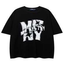 Camiseta gráfica de verano para hombre - MYST con estampado de letras pintadas a mano, ajuste holgado, manga corta, cuello redondo, negro con letras blancas, ideal para ropa casual y actividades al ai - Negro - Ver 2