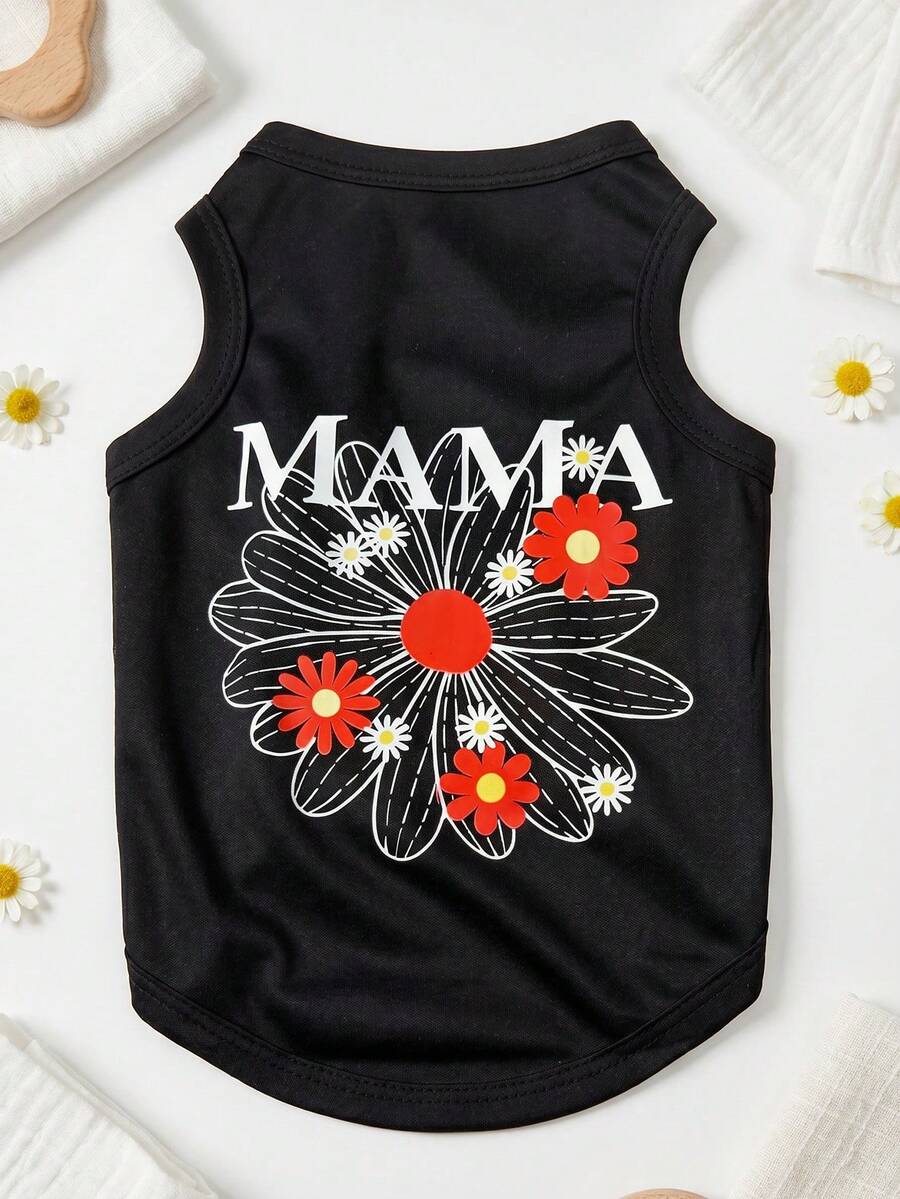 The 3estie 3eastie 1pc Summer Floral Daisy Pattern "Mama" Letter Pet Vest, Physical Flea Repellent, Reduce Shedding, Heat Insulation & Breathable, Suitable For Small & Medium Dogs & Cats, Indoor & Outdoor Use - Black - View 1