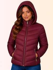 Women's Slim Fit Puffer Jacket With Removable Hood, Waterproof Winter Coat - Gỗ đỏ - Xem 11