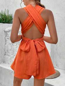 Enterizo Sin Espalda Con Cintura Alta De Color Sólido - Naranja - Ver 4