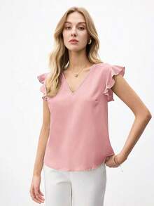 Blusa holgada de manga abullonada y cuello en V para mujer, estilo urbano básico, elegante y minimalista para uso casual en la oficina, adecuada para maestras y atuendo de negocios, otoño - Rosa - Ver 3