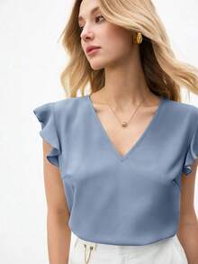 Blusa holgada de manga abullonada y cuello en V para mujer, estilo urbano básico, elegante y minimalista para uso casual en la oficina, adecuada para maestras y atuendo de negocios, otoño - Azul - Ver 1