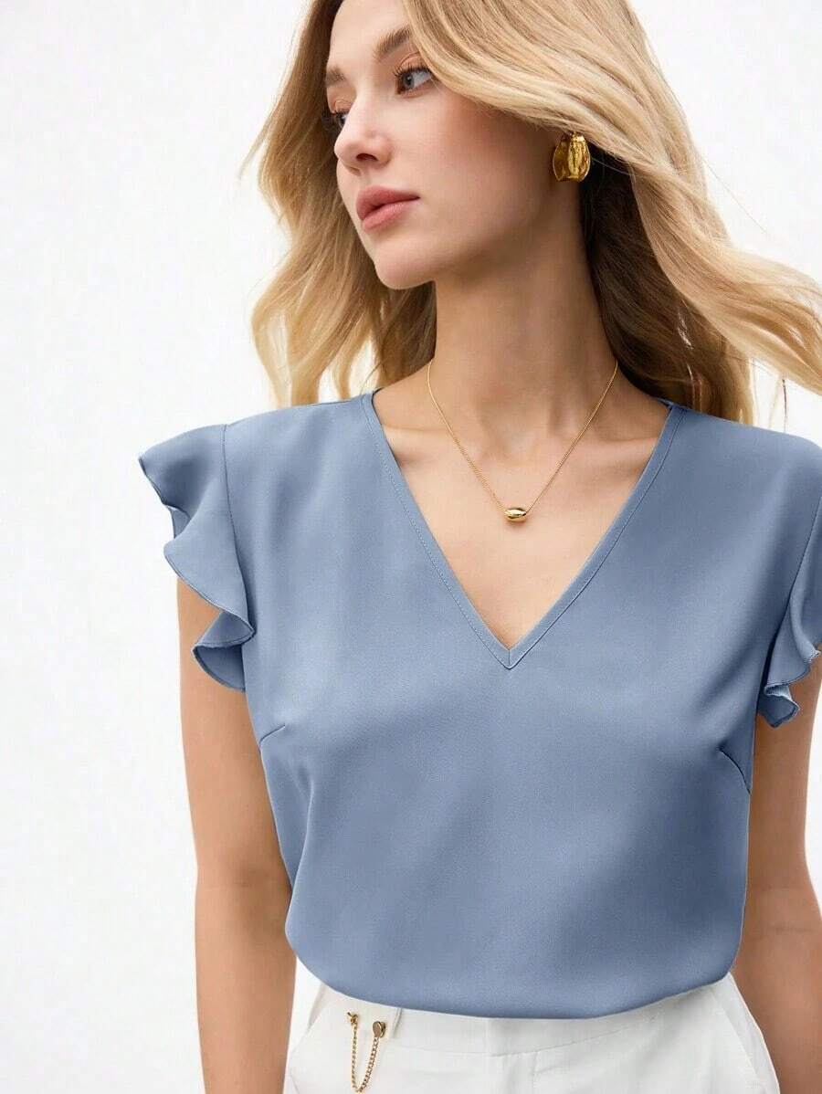 Blusa holgada de manga abullonada y cuello en V para mujer, estilo urbano básico, elegante y minimalista para uso casual en la oficina, adecuada para maestras y atuendo de negocios, otoño - Azul - Ver 1