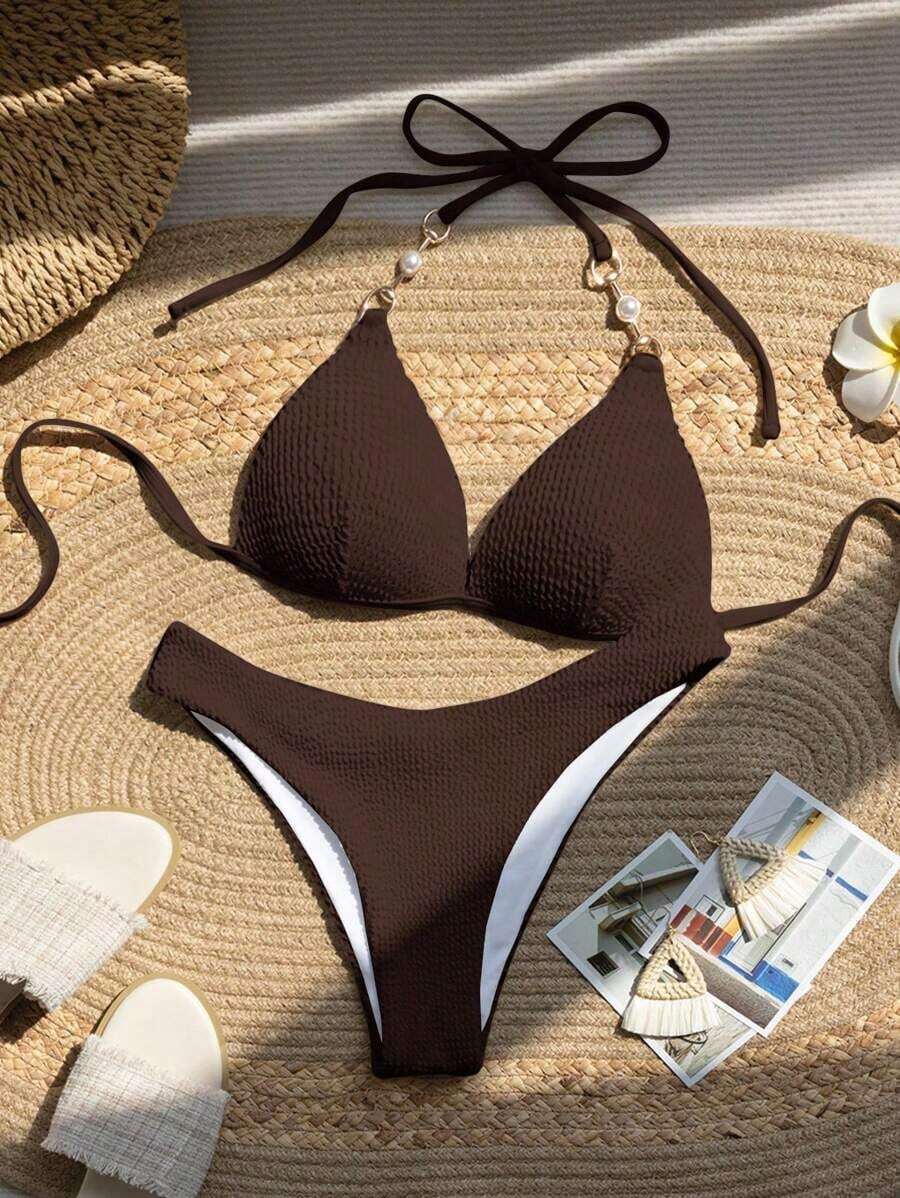 Bañador bikini triángulo halter con diseño de perla - Óxido marrón - Ver 1