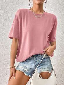 Camiseta de hombros caídos unicolor - Rosa vieja - Ver 4