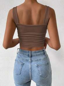 Top Cami Ajustado de Pliegues unicolor y Corto para el Verano - Café integral 2 - Ver 5