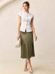 Falda elegante y romántica de línea A con abertura lateral en color blanco crema, versátil para ir al trabajo, uso diario, estilo retro de los 90, Navidad, Año Nuevo, San Valentín, fiestas, playa, graduación, moda, carnaval, vac - Verde - Ver 3