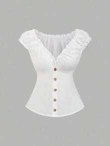 Camisa de mujer de manga corta con botones de madera, volantes y rayas verticales texturizadas en estilo retro francés, adecuada para primavera/verano, casual y citas - Blanco - Ver 1