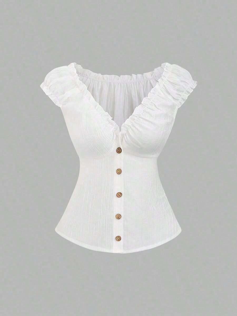 Camisa de mujer de manga corta con botones de madera, volantes y rayas verticales texturizadas en estilo retro francés, adecuada para primavera/verano, casual y citas - Blanco - Ver 1