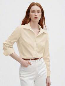 de mujer de manga larga con cuello vuelto, estilo urbano básico para ir al trabajo, conjunto de negocios casual elegante y minimalista, adecuado para maestras y oficina, otoño - Albaricoque - Ver 7