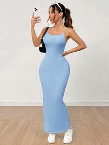 Vestido básico de tirantes finos blanco para mujer - Celeste - Ver 4