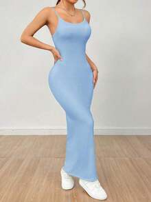 Vestido básico de tirantes finos blanco para mujer - Celeste - Ver 5
