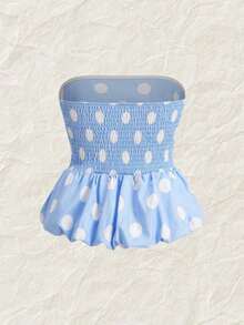 Top bandeau con dobladillo de peplum con estampado de lunares de moda para mujer - Azul - Ver 2
