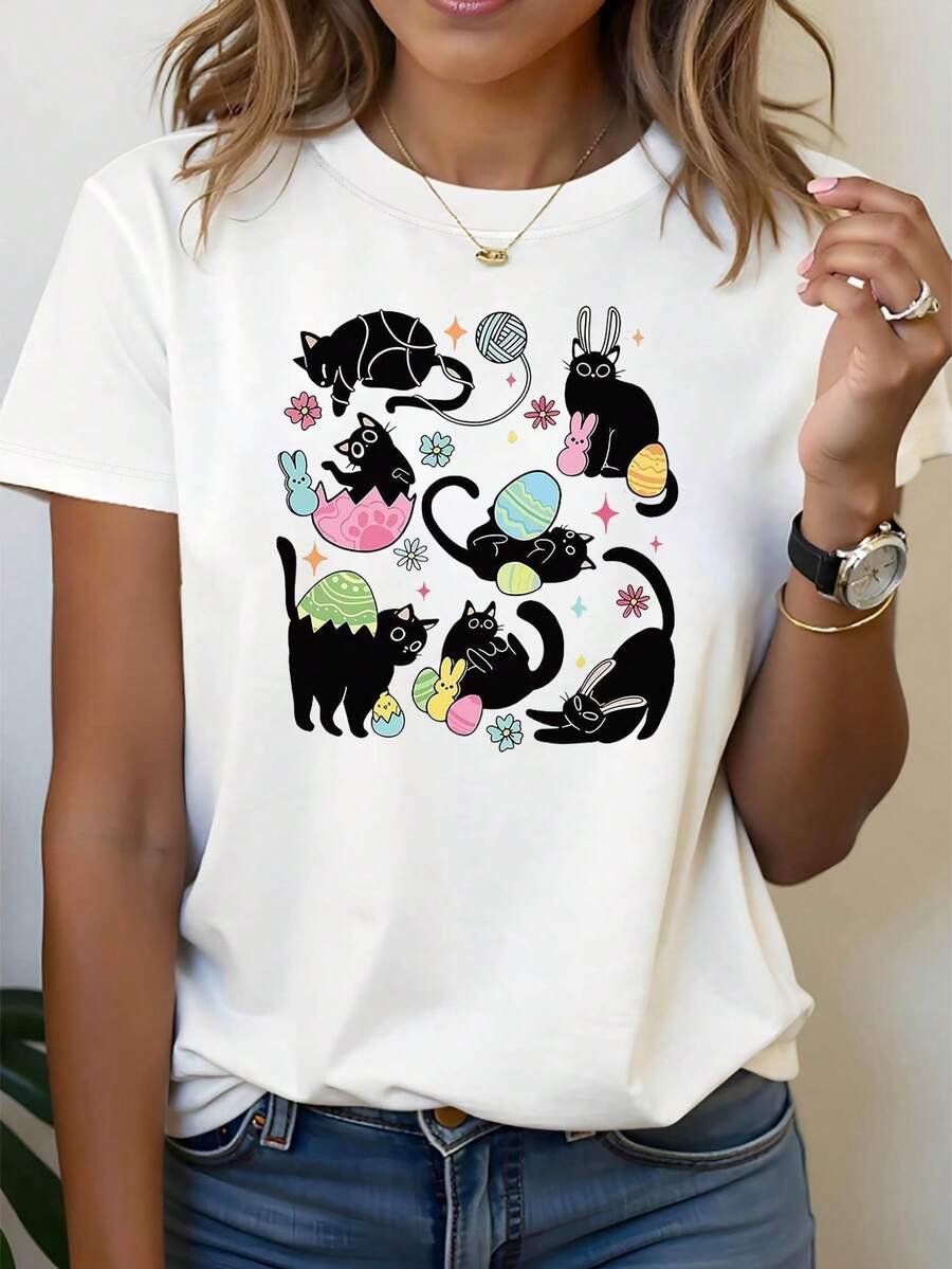 Aster Black 's T-Shirt With Colorful Egg Graphic Print - Short Sleeve Crew Neck T-Shirt For Women, Spring-Summer, Casual, For Daily Wear, Leisure, Holiday Gift, Going Out T-Shirts For Women - 白色 - 查看 1