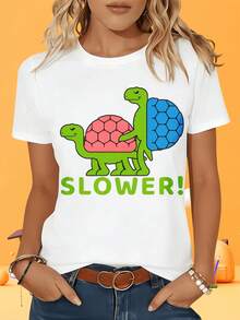 Women's Short-Sleeved T-Shirt, Black And White, With Turtle And Blue Shell Design, Fun Animal Design T-Shirt, Casual Women's Clothing, For Leisure, Vacation, Outdoor Activities, Parties, Gift. - 白色 - 查看 2