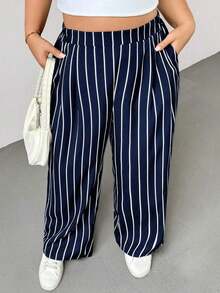 Pantalones anchos de pierna ancha a rayas blancas y negras con cintura elástica, cómodos y sueltos, de estilo básico diario, para mujeres de talla grande, estilo "Old Money", para mujeres, para la oficina, pantalones holgados, para el verano, - Azul marino - Ver 5