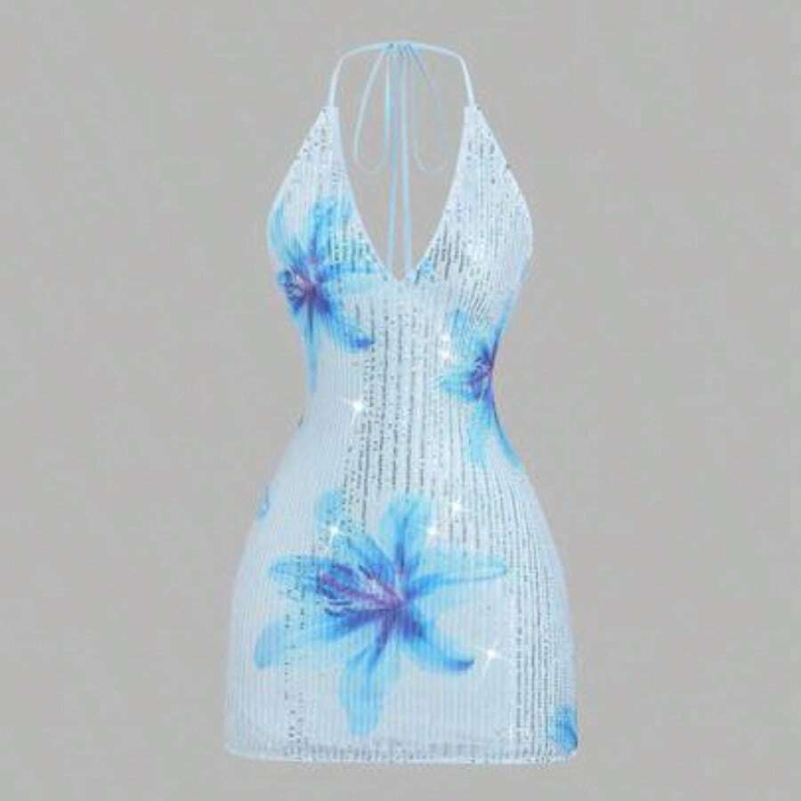Women's New Spring/Summer Suitable For Vacation, Party, Elegant Romantic Floral Sequin Fabric Deep V-Neck Design Backless Tie Strap Mini Dress - Azul - Ver 1