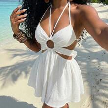 Summer Fashion Basics, Versatile, Casual And Elegant, Suitable For Vacations, Travel, Beaches, Seaside, Pools, Yachts, Sunbathing, Cute And Sweet, Casual And Elegant, Halter Neck Lace Patchwork Hollow-Out A-Line Umbrella Skirt White Crepe Women's Short Dress - Z,Summer Dresses For Women - Verde - Ver 8
