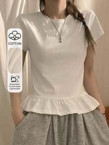 Camiseta de manga larga de corte holgado con volantes en el bajo, a rayas blancas y negras, diseño minimalista de verano para mujer - Blanco - Ver 9