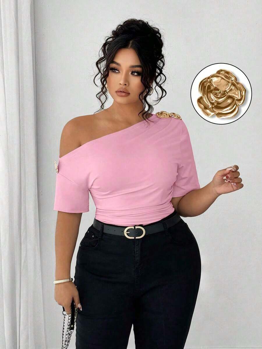 Blusa de talla grande para mujer elegante, personalizada, de moda, versátil, con un solo hombro, adecuada para uso diario - Rosa - Ver 1