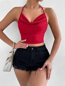 Top halter de cuello con fruncido de espalda abierta con cordón - Rojo - Ver 4