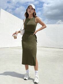 Vestido negro de verano con abertura lateral con cordón y recorte en el muslo - Verde militar - Ver 8