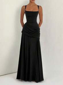 Vestido de verano elegante sin tirantes y ajustado de color amarillo, vestido casual sin espalda y sin mangas con pliegues para fiesta y club, para mujeres en bodas y primavera - Negro - Ver 1