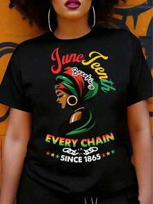 Women's T-Shirt With June 16th Design - "Breaking All Shackles Since 1865" Design, Bright Geometric Print, Short Sleeves, 100% Pure Cotton, Regular Fit, Suitable For Spring, Summer And Year-Round Wear - An Ideal June 16th Gift For Friends And Family, Loose-Fitting, Washed Short-Sleeve T-Shirt For Women, Urban Style, Unisex, Suitable For Spring, Summer And Autumn, Valentine's Day Outfit, Stylish Short-Sleeve Shirt For Women In Summer, Loose, Comfortable, Breathable, Ideal For Everyday Wear, Comfortable. - 黑色 - 查看 1