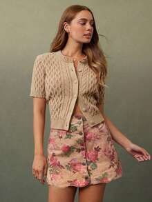 Falda vaquera mini de línea A con estampado de flores, de algodón 100%, con botones delanteros y cintura alta con escote ondulado.Casual, linda, para otoño, invierno, estilo bohemio, vestimenta occidental para mujer, atuendo para conciertos coun - Albaricoque - Ver 3