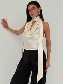 Top elegante y sexy de verano con escote profundo y espalda descubierta, ideal para dama de honor, boda, fiesta, cita romántica o vacaciones - Albaricoque - Ver 5